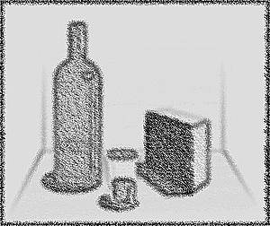 Bodegón compuesto de botella, vaso y caja.