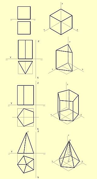 Perspectivas de un hexaedro o cubo, de un prisma de base un triángulo equilátero, un prisma de base pentagonal y pirámide de base pentagonal.