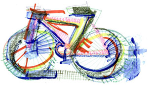 Bicicleta dibujada mezclando distintas técnicas y trazos.