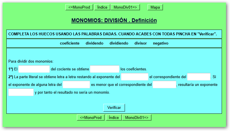Actividad de división de monomios