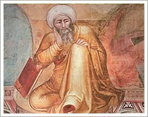 Averroes en un detalle del fresco de Andrea de Bonaiuto El triunfo de Santo Tomás (siglo XIV), Sala Capitular de la Iglesia de Santa María la Novella, conocida como la Capilla de los Españoles, Florencia (Italia) 