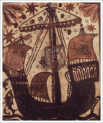 Dibujo de una de las embarcaciones en las que  viajaban los navegantes en la Baja Edad Media. Museo Arqueológico Nacional de Madrid 