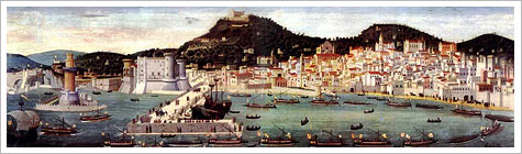 El puerto de Nápoles en la denominada tabla Strozzi (siglo XV), atribuida a Francesco Pagano. Museo Nazionales de Capodimonte, Nápoles  