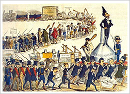 Viñeta de Sagasta encabezando una comitiva de caciques, sicarios, fuerzas del orden público, campesinos y obreros prisioneros (1869-1876). Revista La Flaca