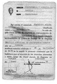 Credencial como vocal del Sindicato Vertical de Francisco Acosta (1969). Fundación Estudios Sindicales/Archivo Histórico de CC.OO. Andalucía