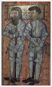 Dos caballeros en una pintura sepulcral (Baja Edad Media), Museo Arqueológico Nacional de Madrid  El grupo de los caballeros eran los que tenían como función la defensa del resto de la población, eran los guerreros. 