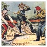 Caricatura francesa  en la que se representa Austria-Hungría y Rusia pugnando por el reparto de los Balcanes ante un desolado Sultán turco