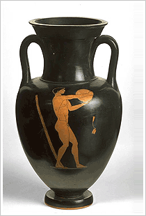 El lanzamiento del disco, uno de los deportes practicados en Grecia, reflejado en la cerámica. Museo Arqueológico Nacional de Madrid