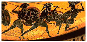 Guerreros griegos con su uniforme y armamento, reflejados en el dibujo de una cerámica. Museo Arqueológico Nacional de Madrid