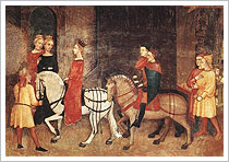 Caballeros reflejados en el cuadro de la “Alegoría del buen gobierno”, fresco pintado por Ambrogio Lorenzetti en el Salón de los Nueve del ayuntamiento de Siena (Italia, siglo XV)