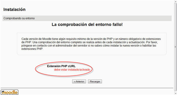 Fallo instalación de Moodle: Extensión PHP cURL desactivada
