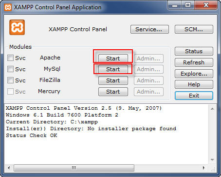 Arranque de XAMPP en el panel de control