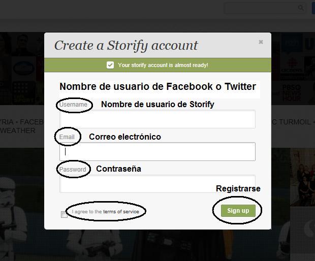 Crear una cuenta en Storify mediante Facebook o Twitter
