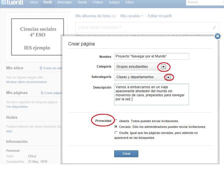 Crear una página en Tuenti