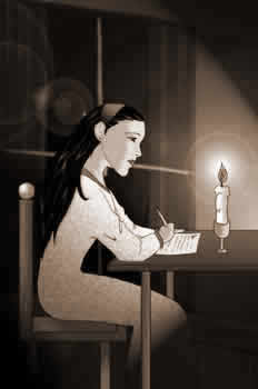 Una niña lee a la luz de una vela.
